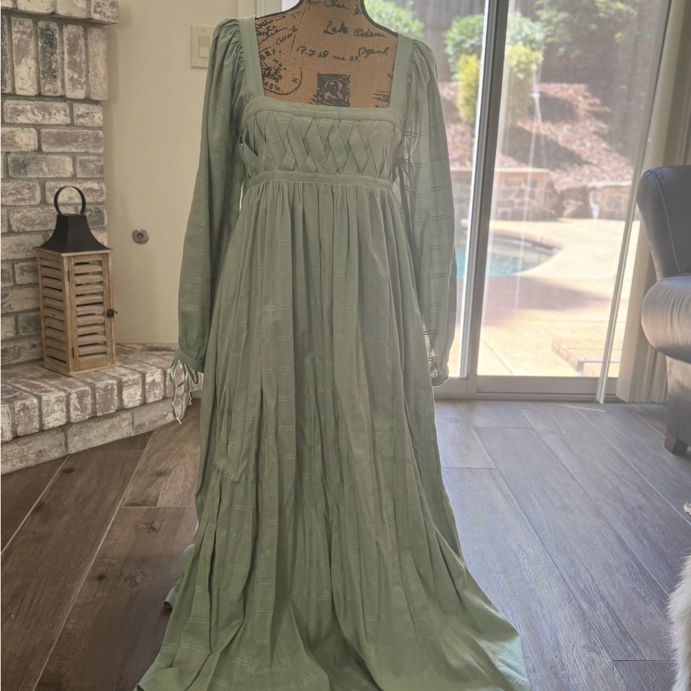 Free People Green Smocked Tiered Gown with Bishop Sleeves